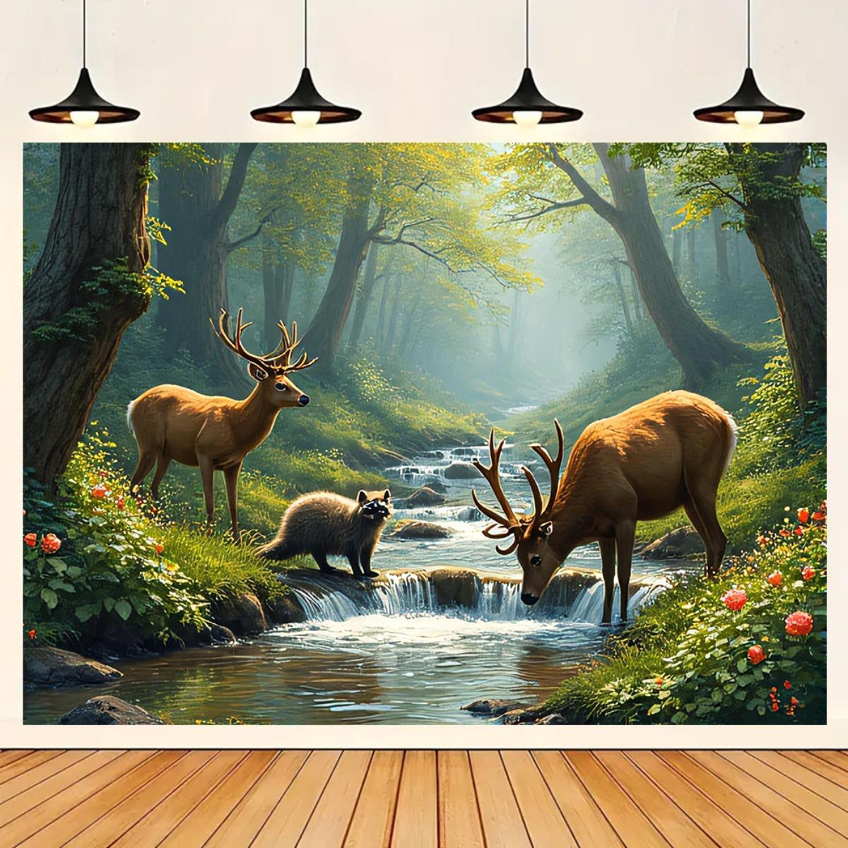 Deer Forest Stream Wall Mural  - đánh giá và giá Interior Design With Wallpaper