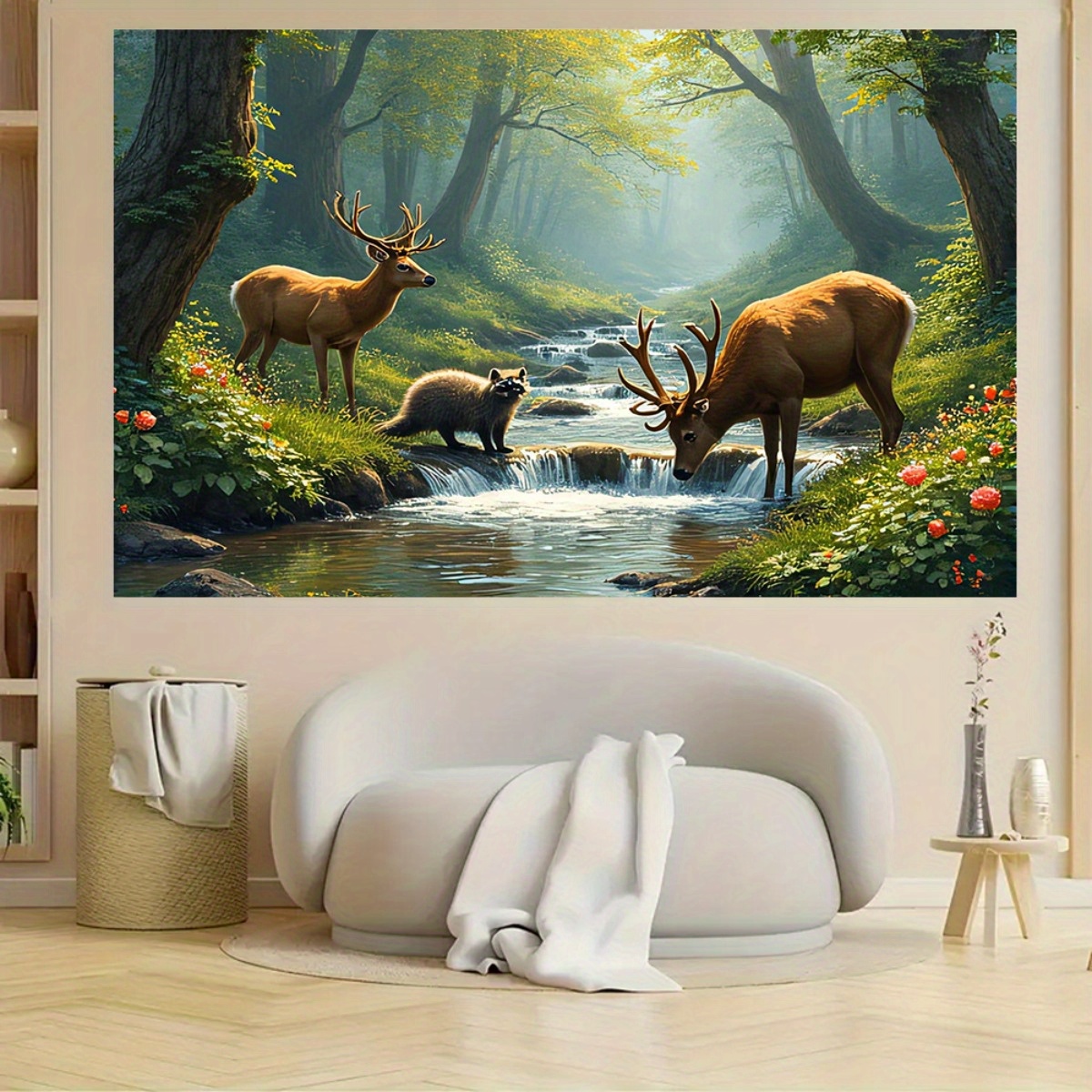 Deer Forest Stream Wall Mural  - đánh giá và giá Interior Design With Wallpaper